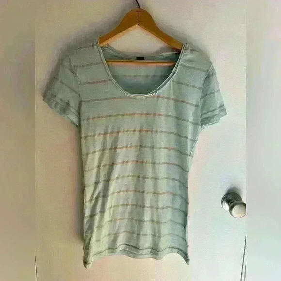 Poof women’s teal striped gold top lightweight cotton shirt fitted size Large - Picture 1 of 10